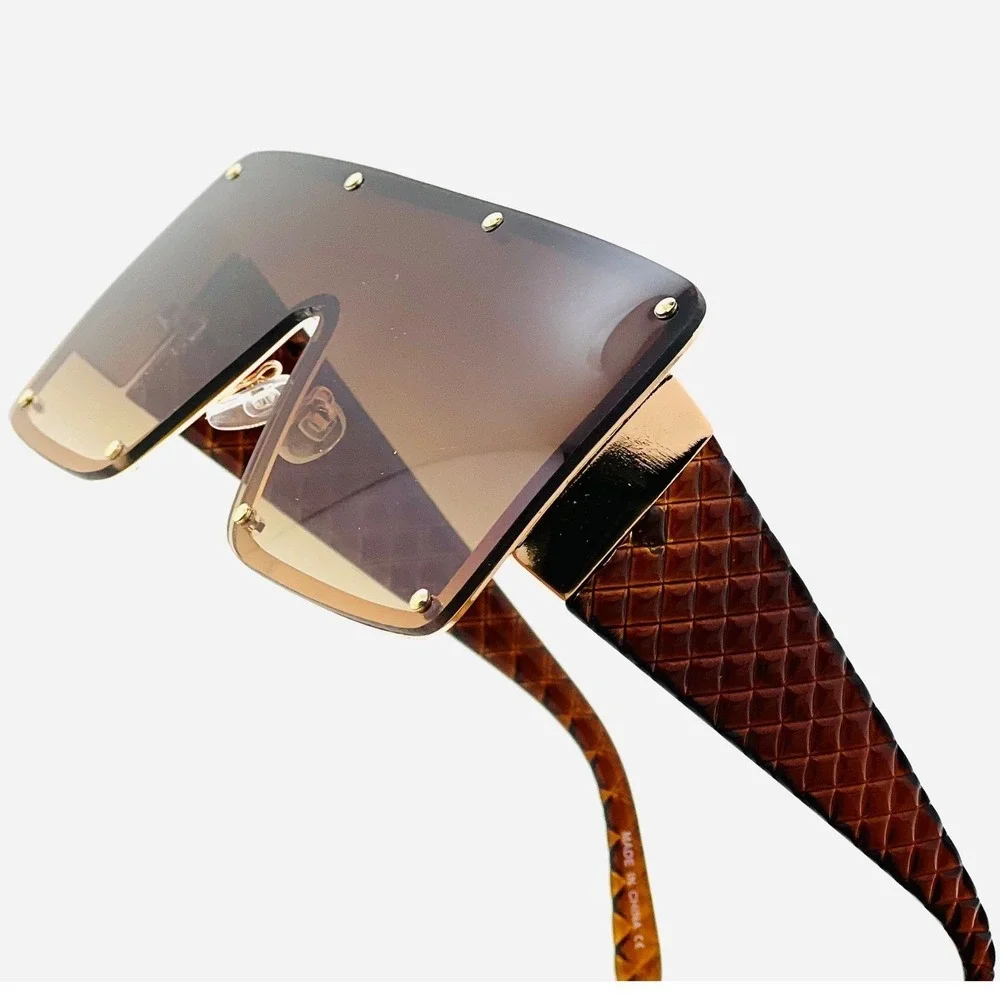 Shield Sunglasses Men Oversized Flat Top Rivet Detail‎ Brown Fashion Luxury